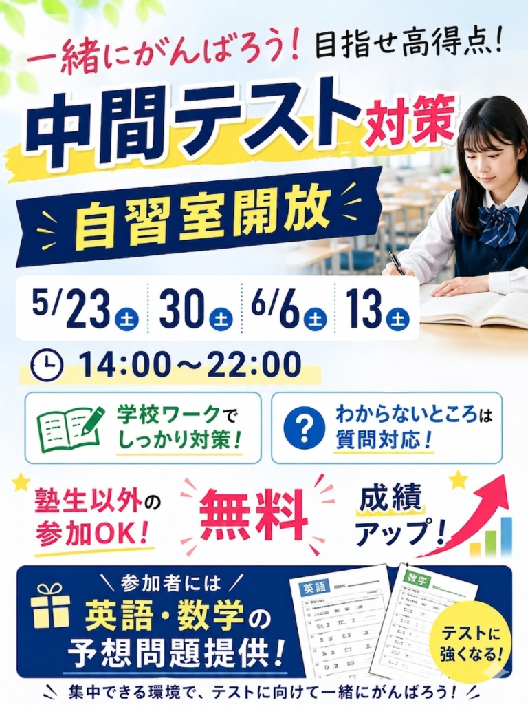【柳川の中学生必見】中間テストでスタートダッシュ！土曜無料自習室＆予想問題プレゼント！